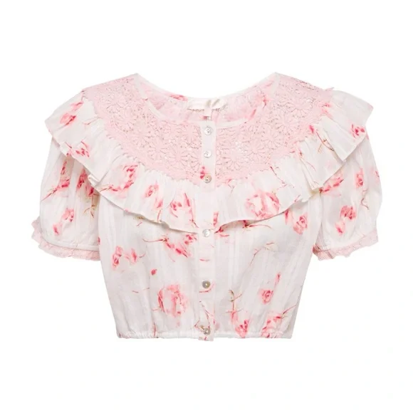 LoveShackFancy Pink Floral Crop Top - Picture 2 of 13